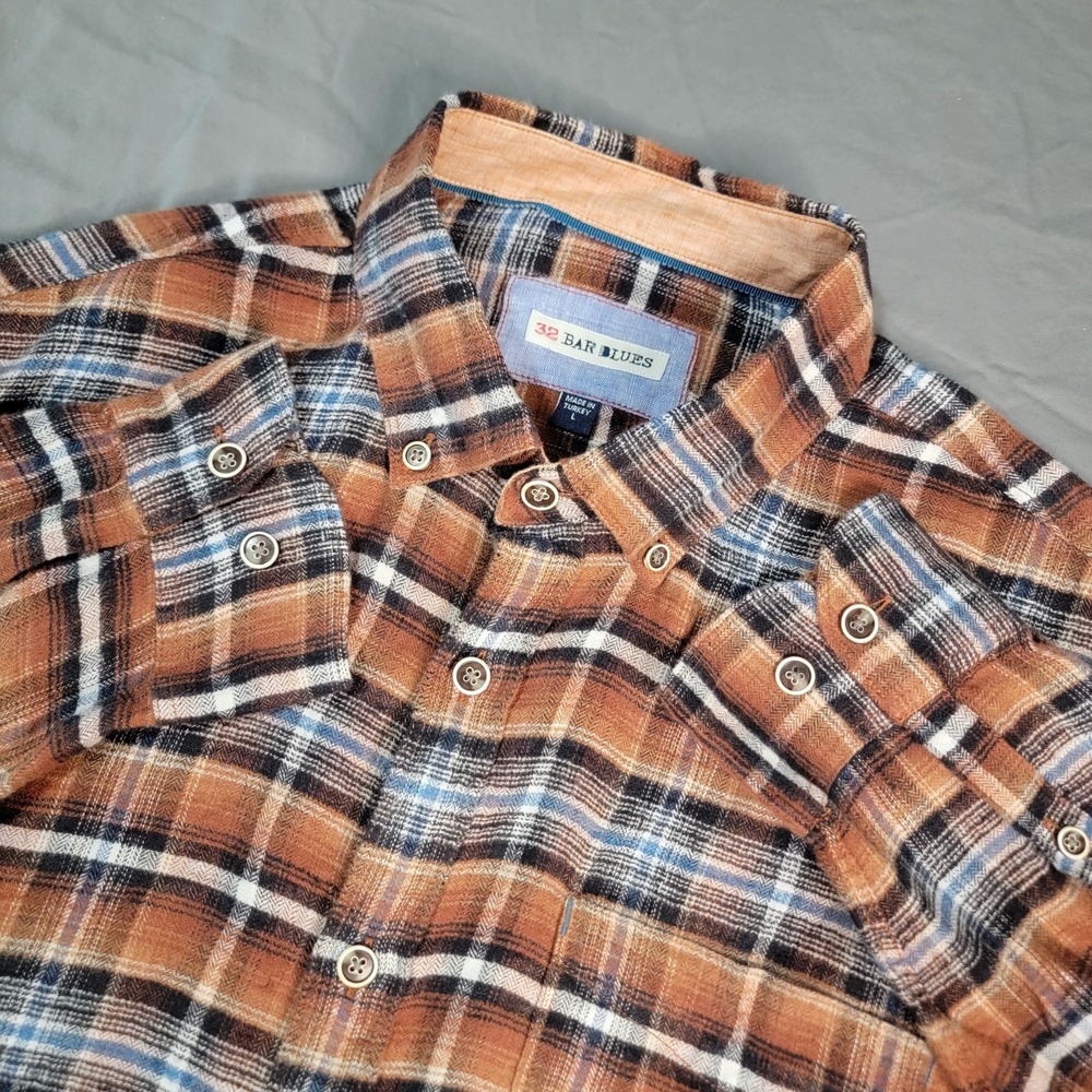 32 Bar Blues Button Down Shirt Men's Large Multicolor Long Sleeve 100% Linen